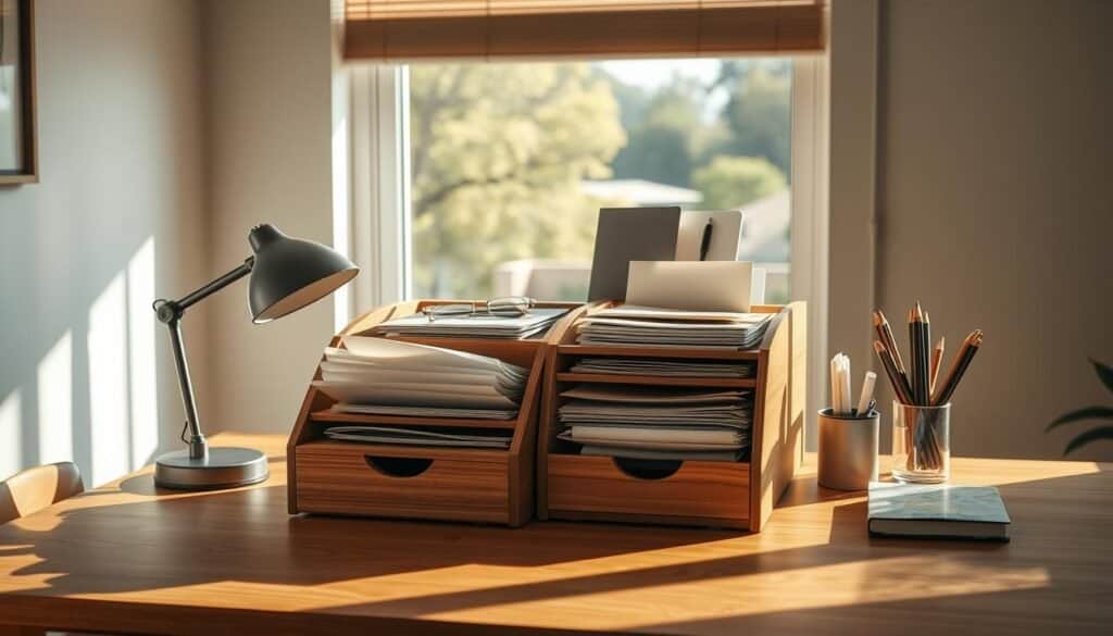 wood office desk organization