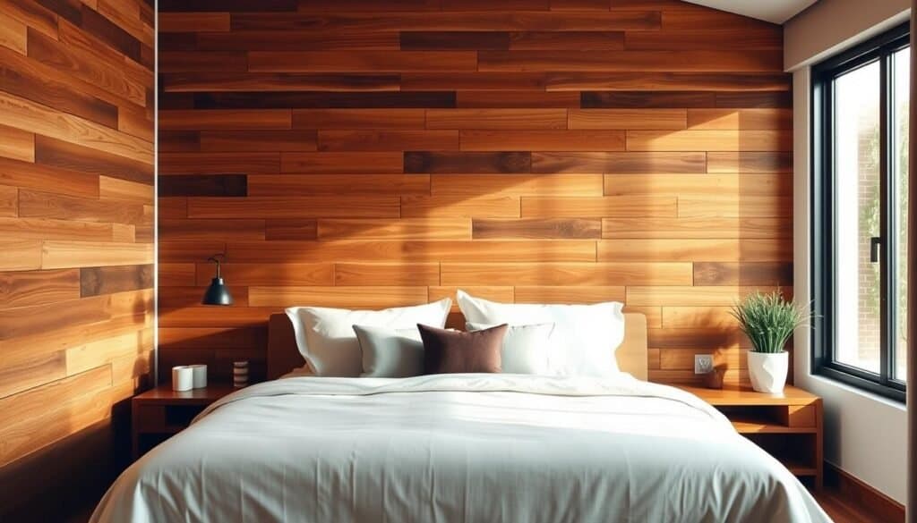 wooden accent wall behind bed