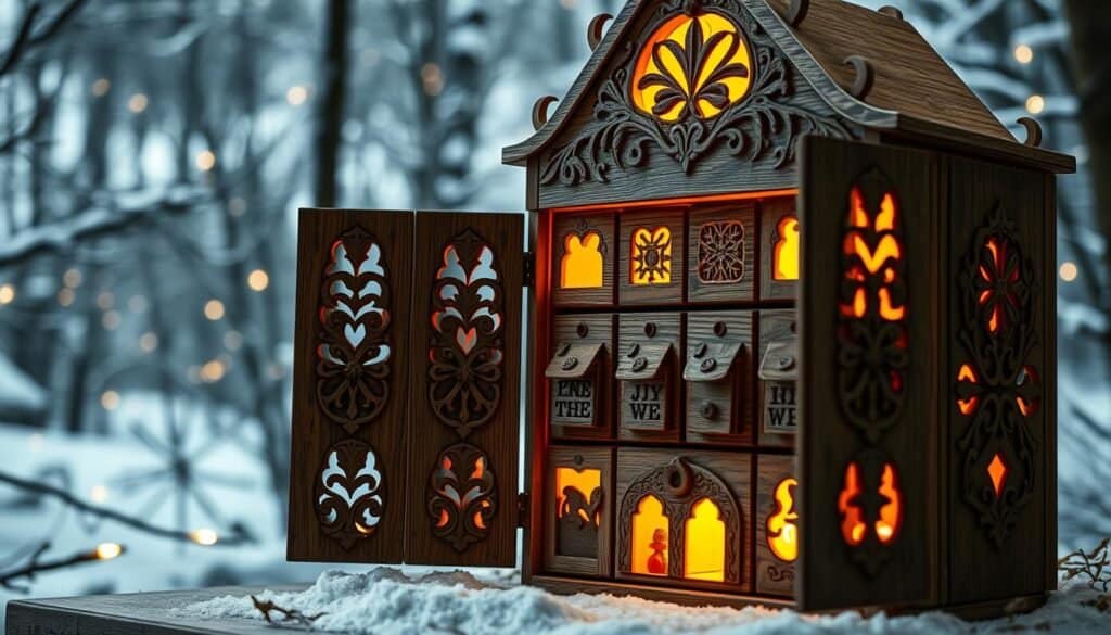 wooden advent calendar with hidden compartments