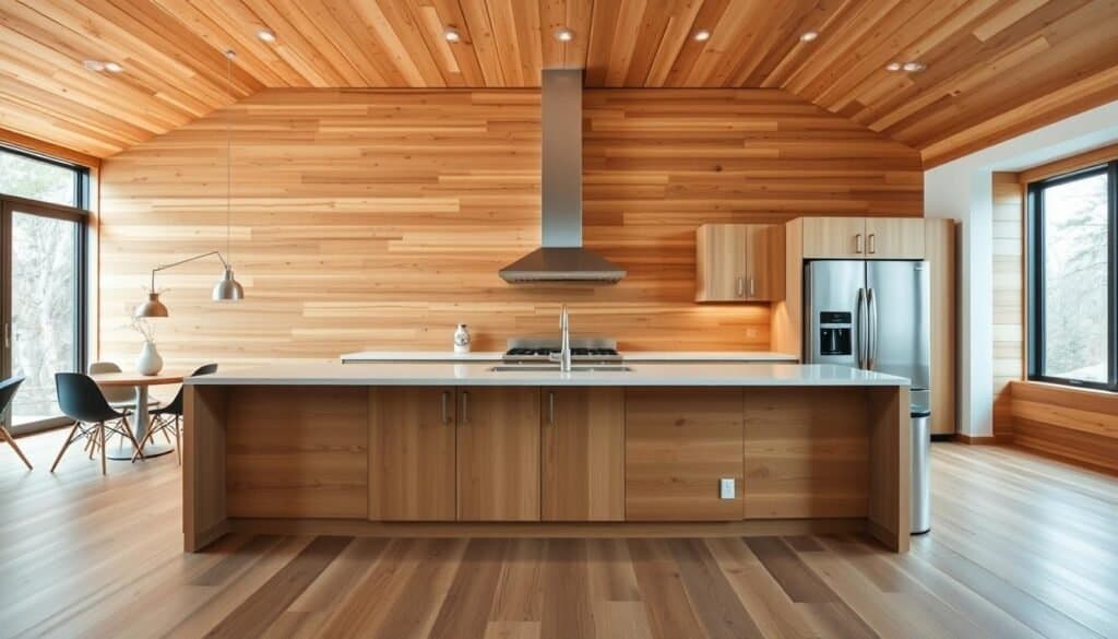 wooden feature walls in open concept kitchen