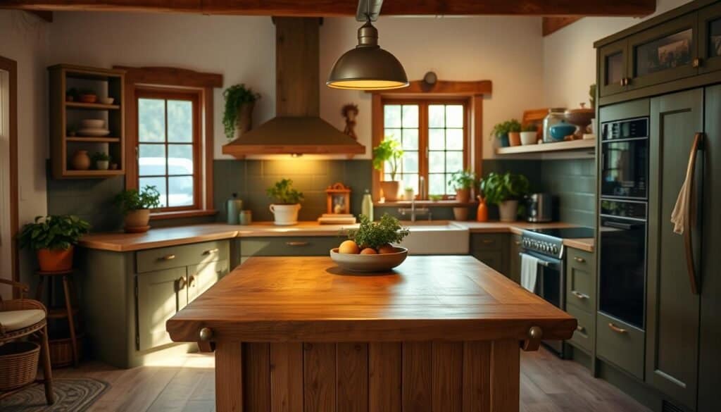 Olive green and wood kitchen