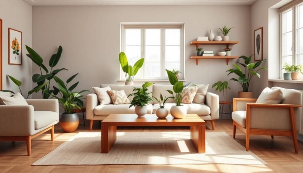 Scandinavian living room with greenery