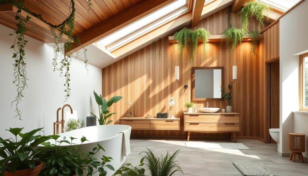 bathroom decor with wood and greenery