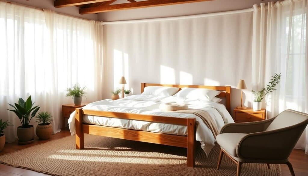 bedroom sanctuaries with wooden frames and linen bedding