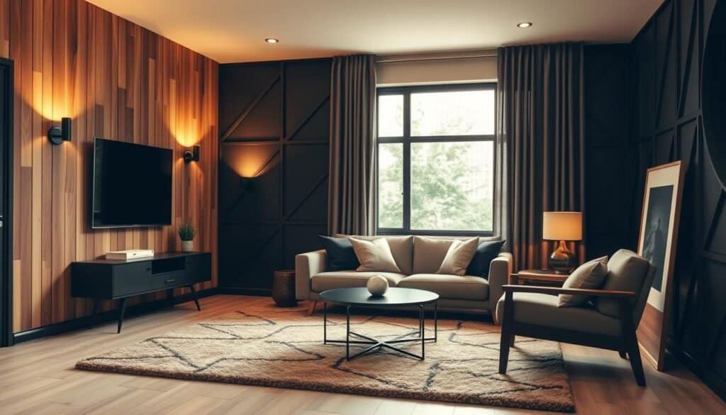 black and wood accent walls