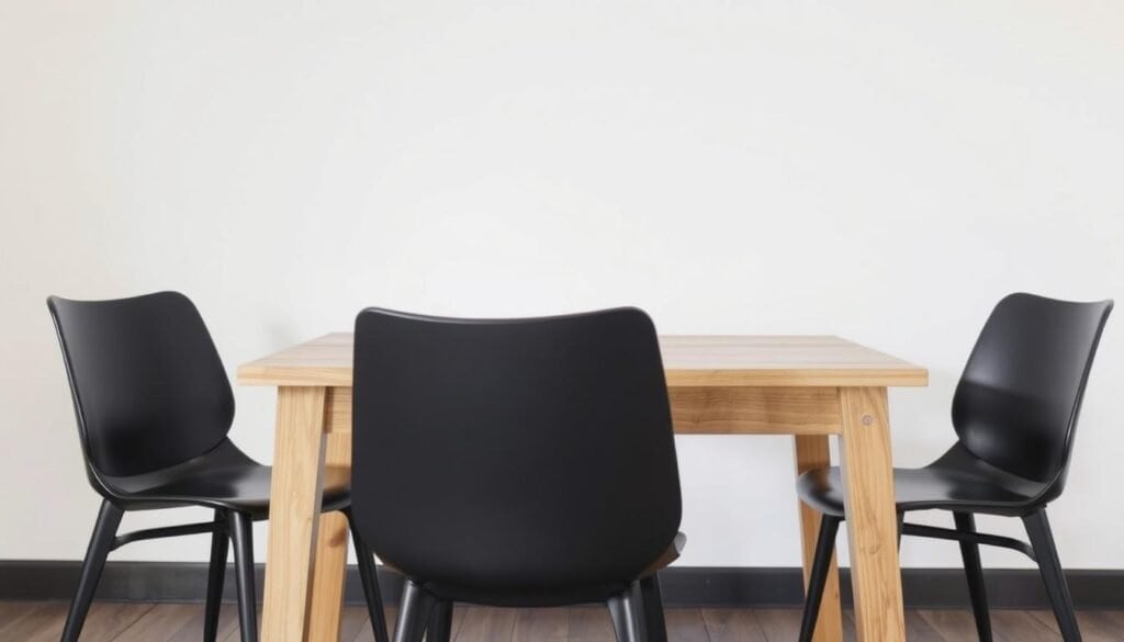 black chairs with light wood table