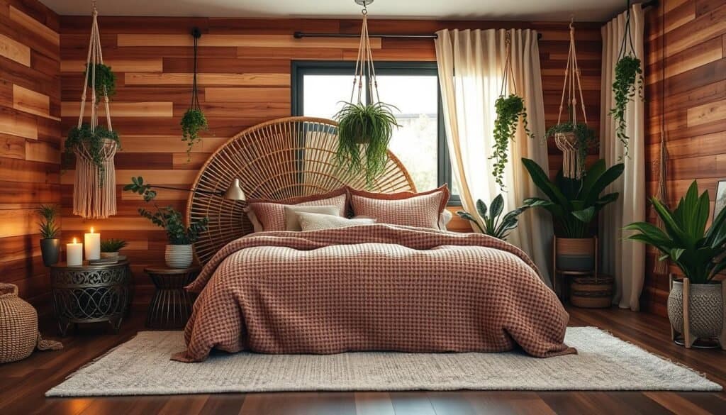 boho chic bedroom with wood elements