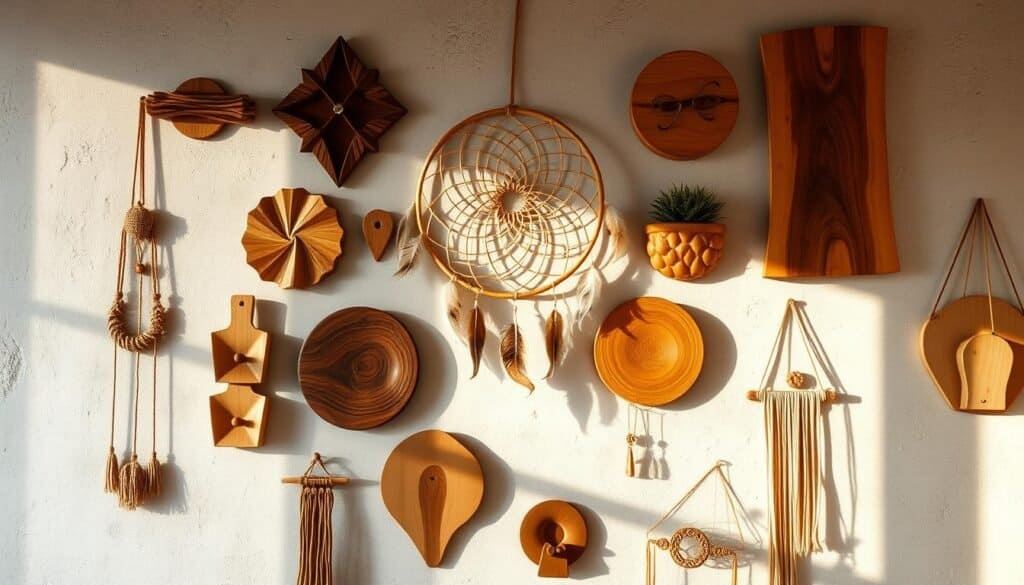 boho-inspired wooden wall hangings