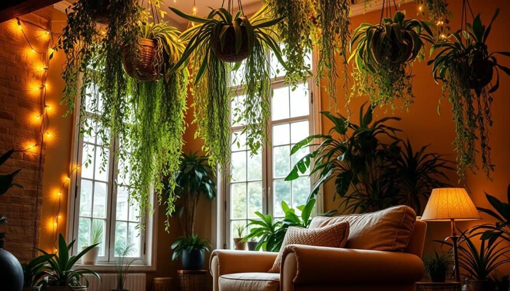 cozy room with hanging plants and lights