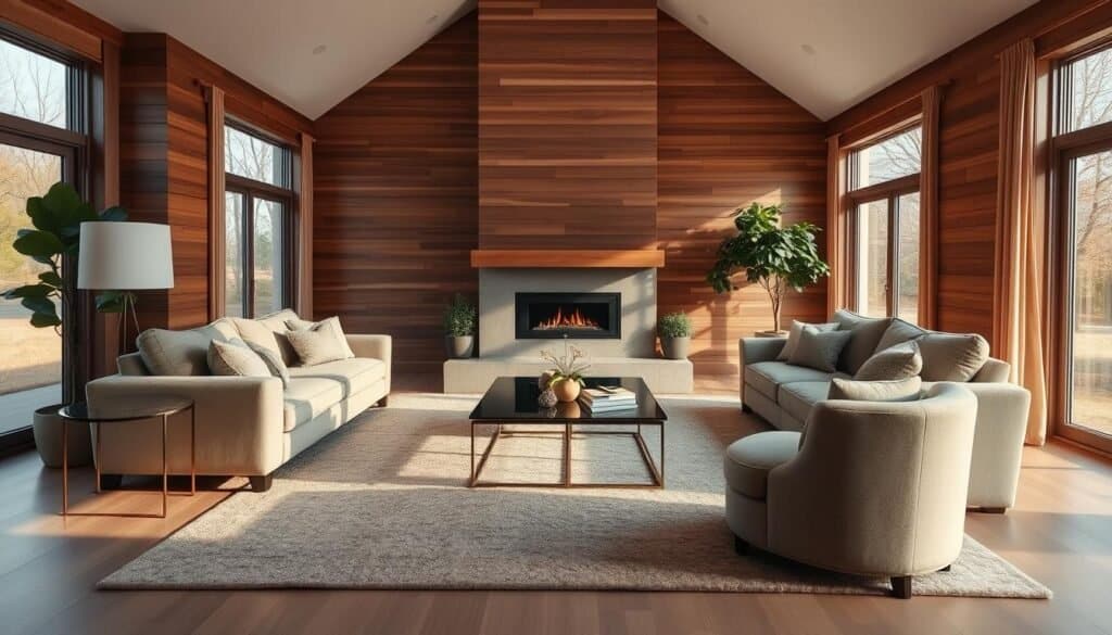 custom-built living room with wood accent