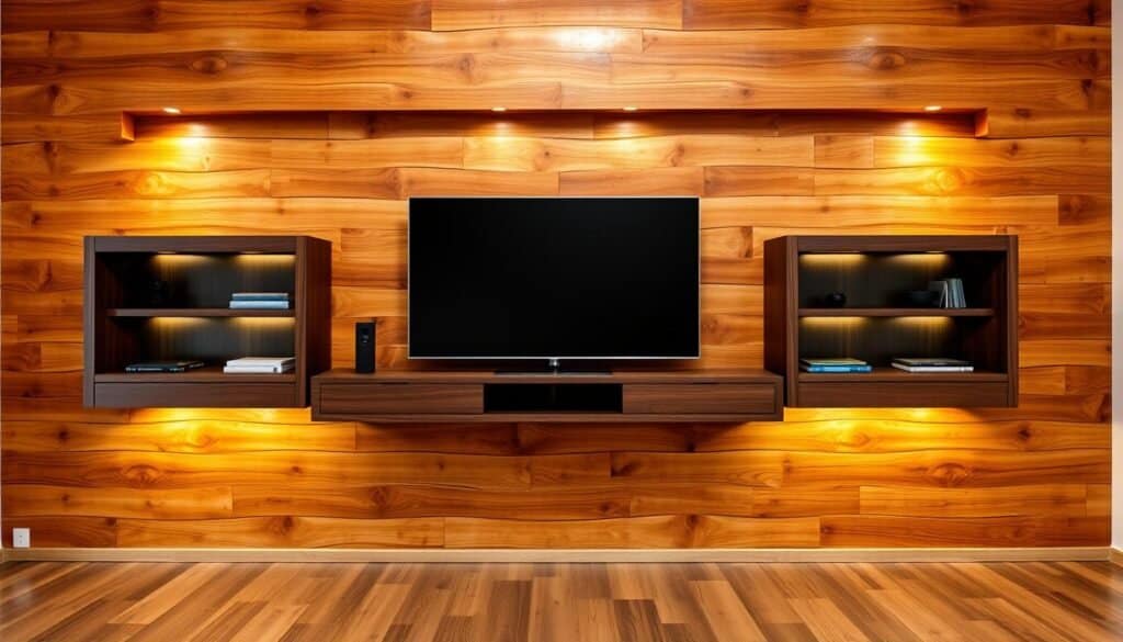 entertainment center on wood wall