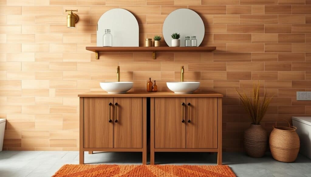 fall bathroom decor with wood accents