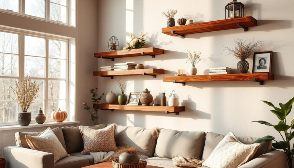 floating wood shelves with seasonal vignettes