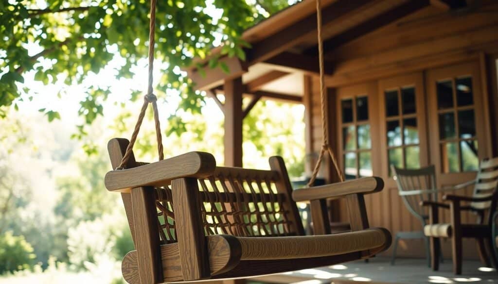handcrafted wooden porch swing