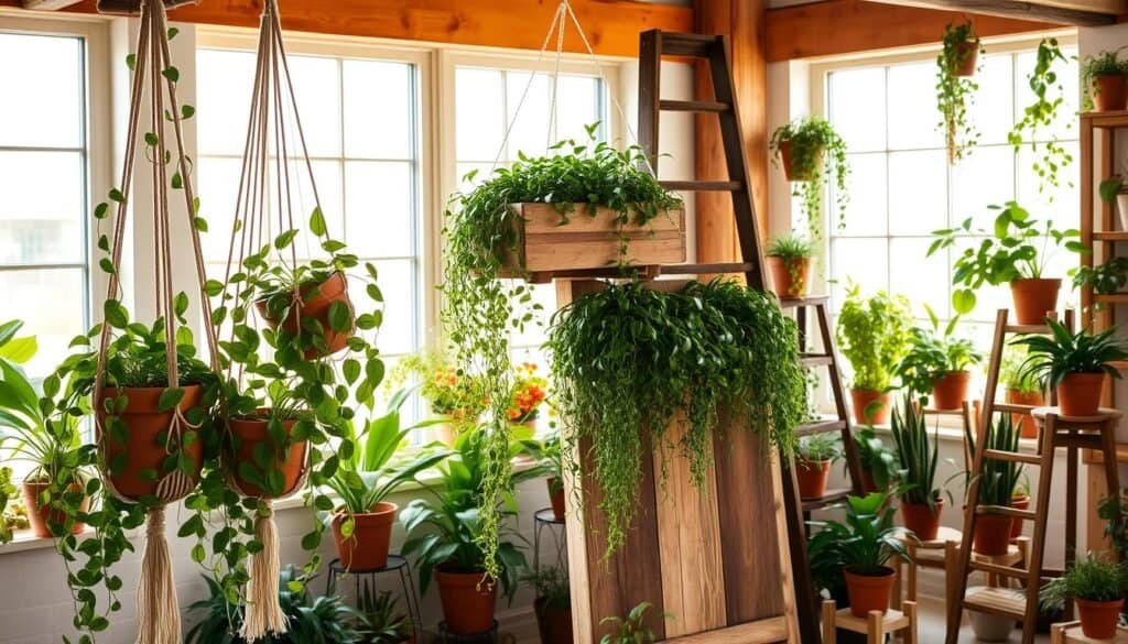 hanging plant displays with wooden elements