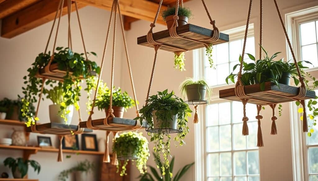 hanging wooden plant shelves