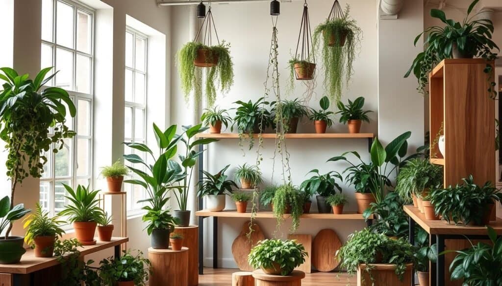 indoor plant decor with wood accents