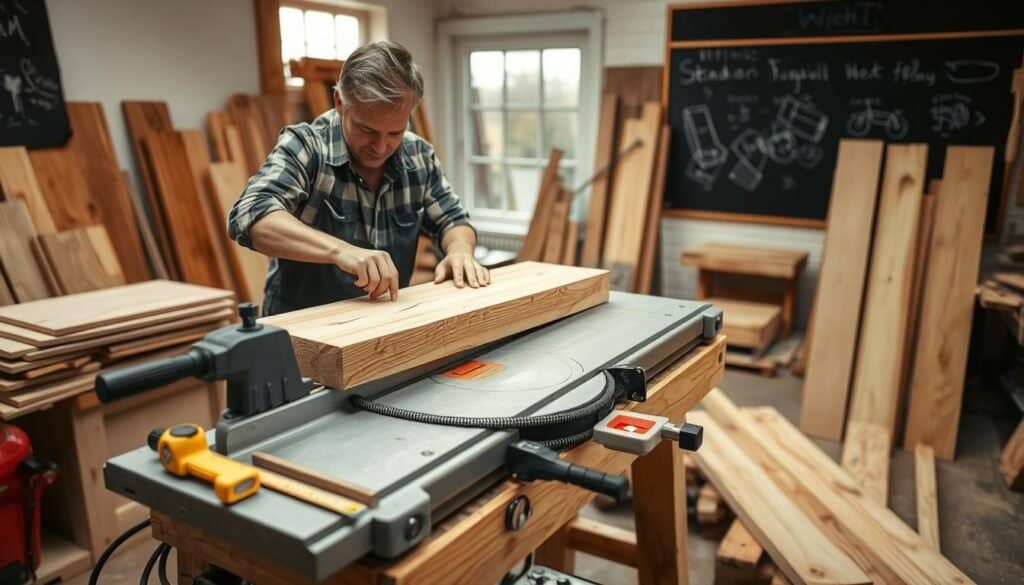 measuring and cutting wood for DIY outdoor furniture
