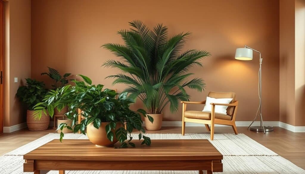 mid-century modern wood and plant pairings