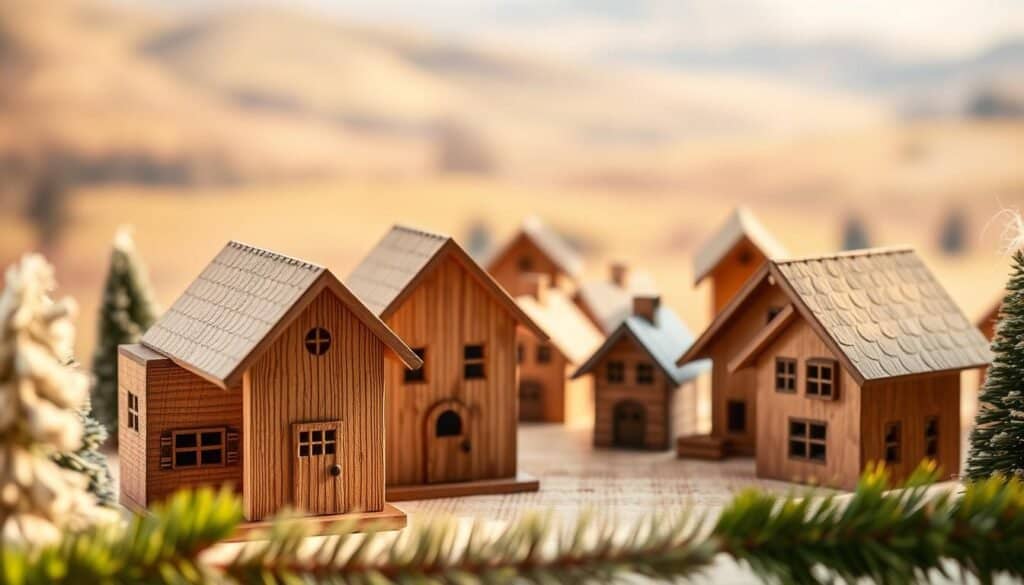 miniature wooden houses ornament set
