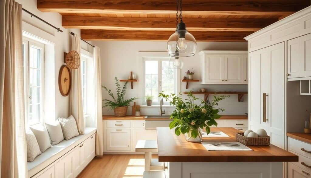 modern farmhouse kitchen with wooden features and linen textiles