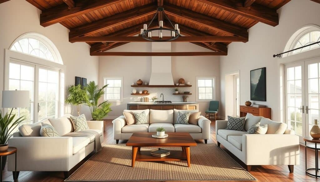 modern farmhouse living room with beams