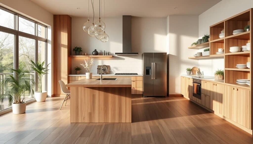modern kitchen design with wood accents