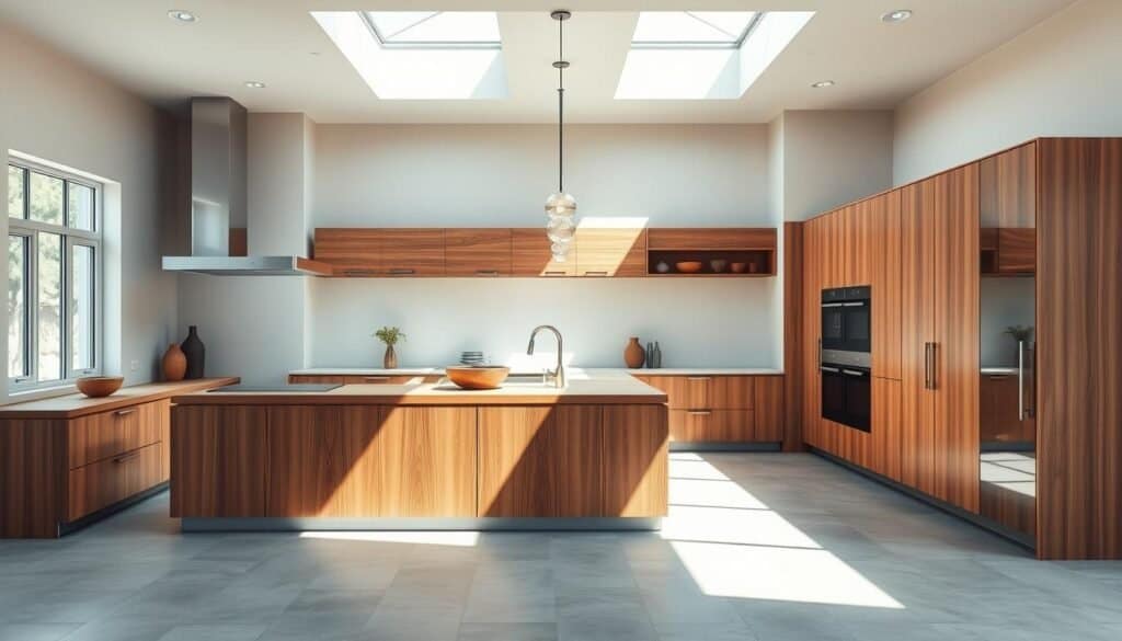 modern kitchen with built-in wood features