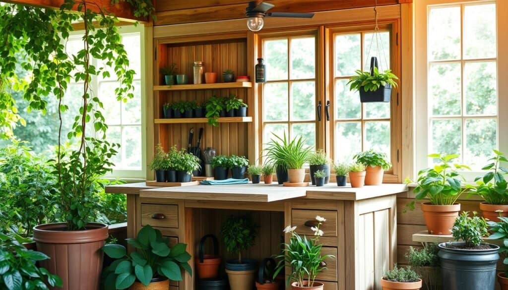 potting station with fold-down work surface