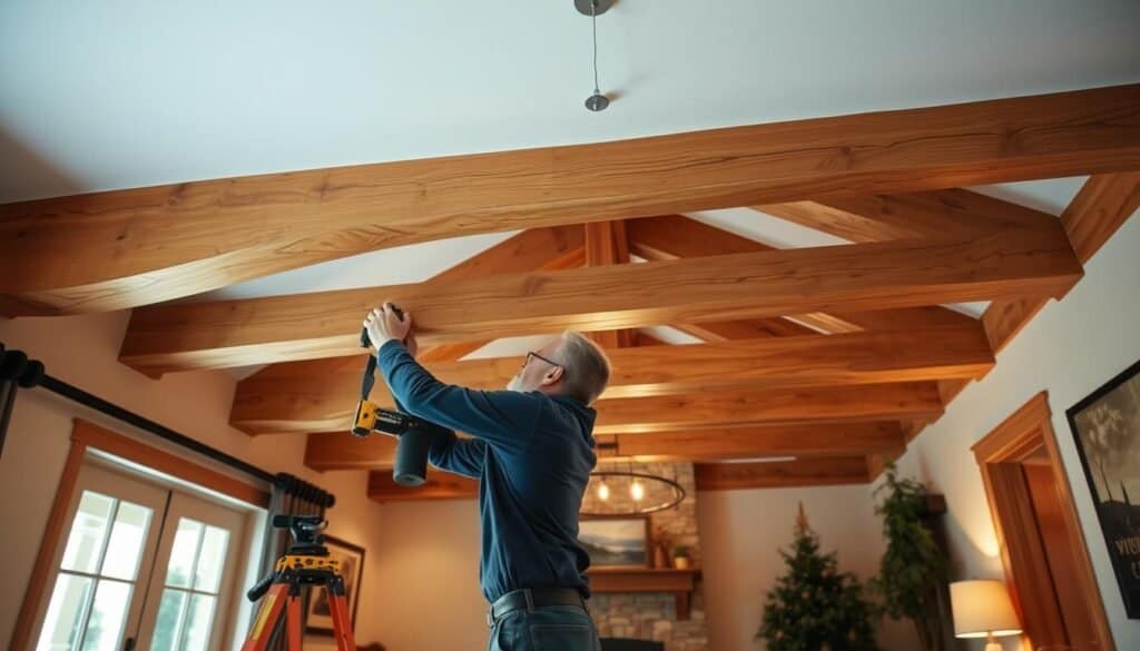professional installation of wood beams in living room