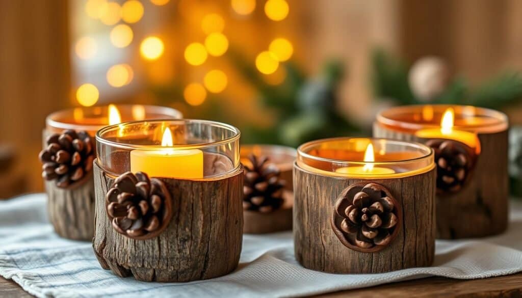 reclaimed wood candle holders with pinecone accents