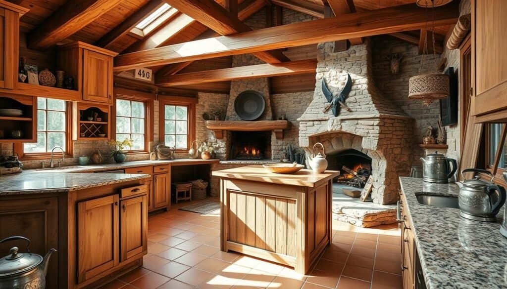 rustic kitchen with wood and stone