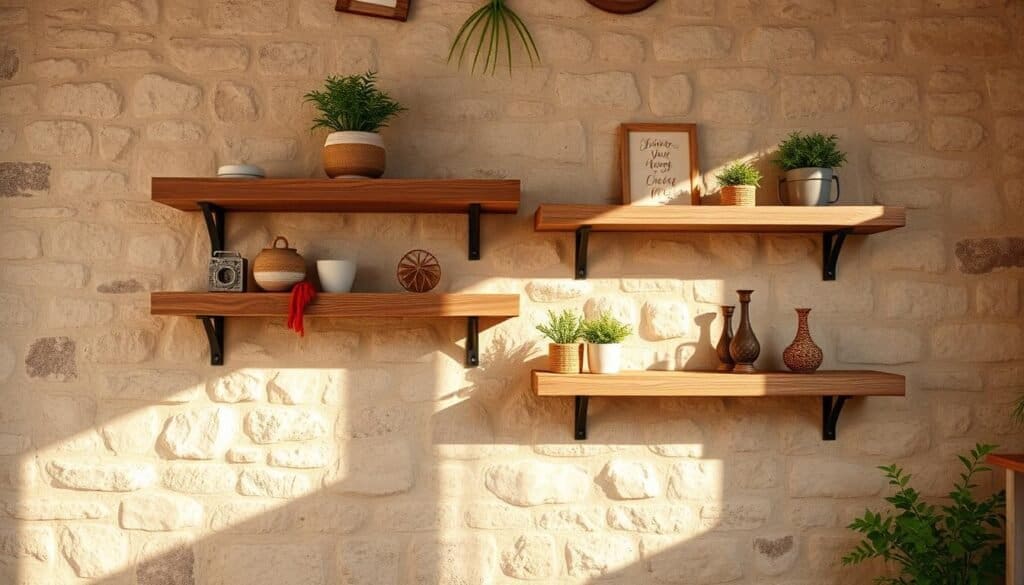 rustic wooden floating shelves