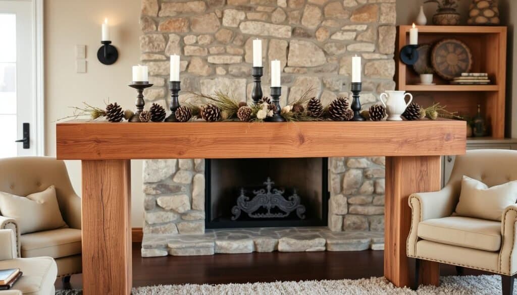 rustic wooden mantel