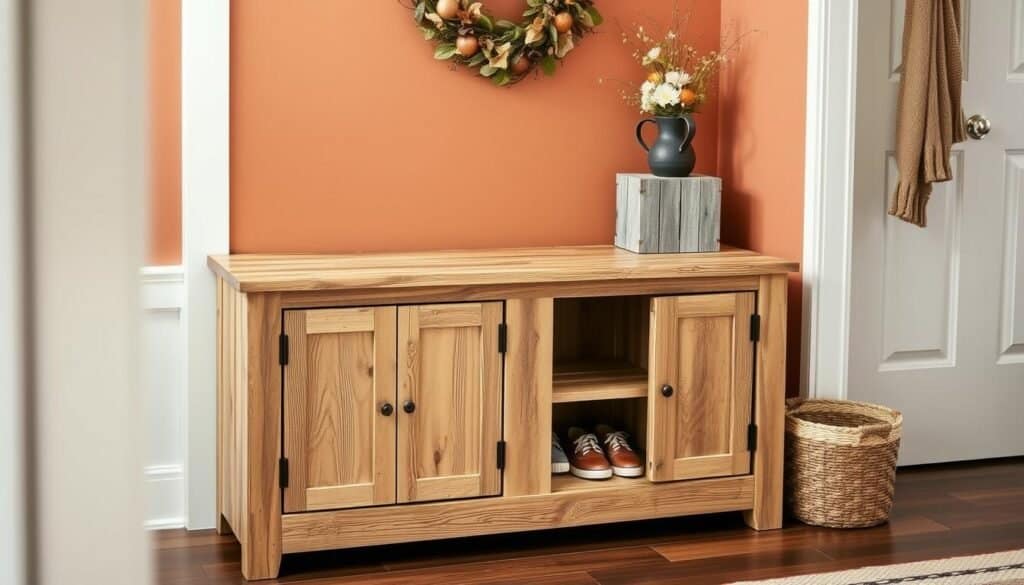 rustic wooden shoe storage bench
