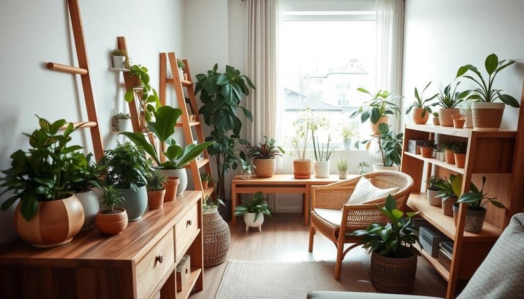 small space solutions with wood and plants