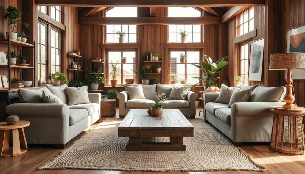 styling a living room with natural wood tones