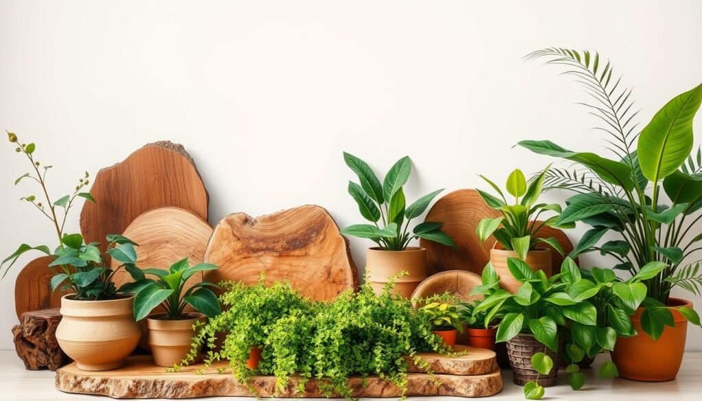 stylish wood and plant arrangements