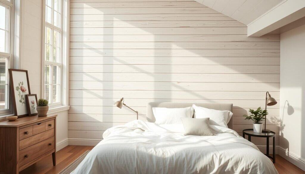 whitewashed wood accent wall