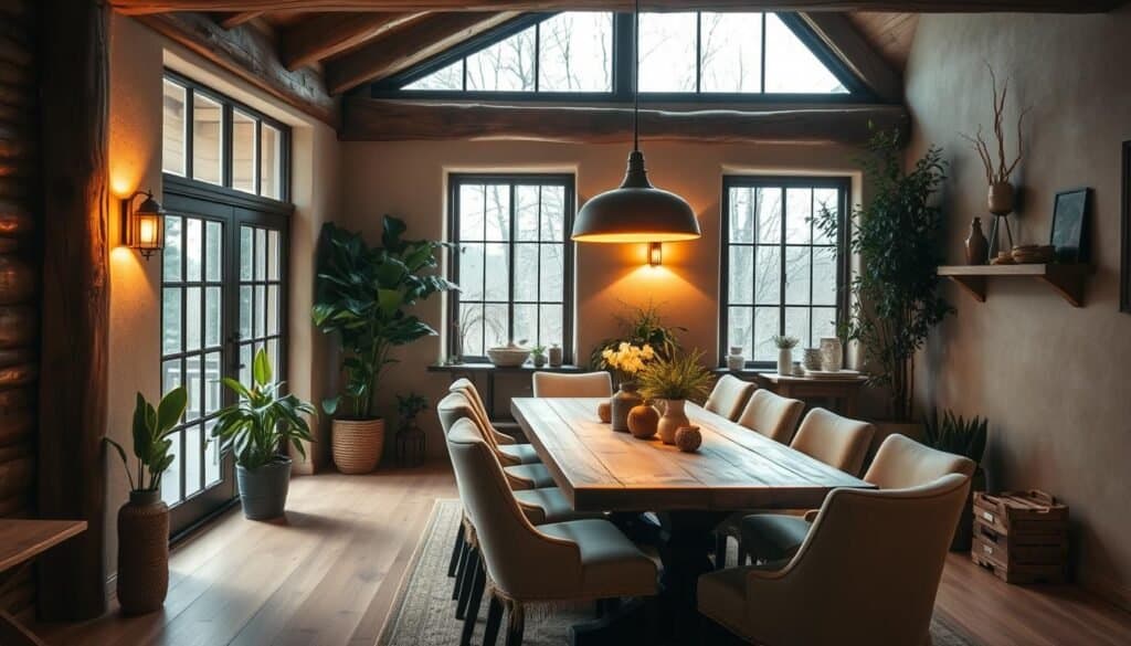 wood-accented dining space
