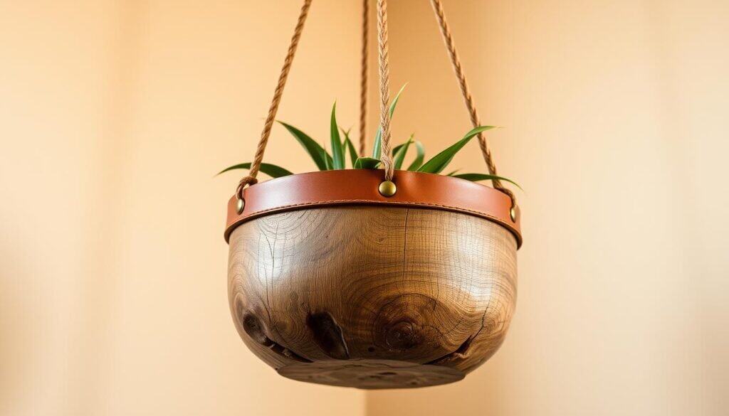 wood and leather hanging planter