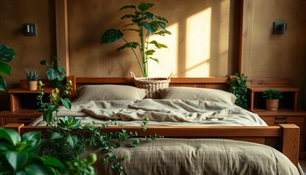 wood and plants bedroom decor