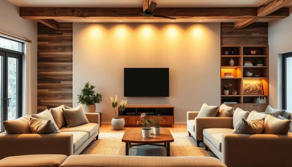 wood beam accents in living room design