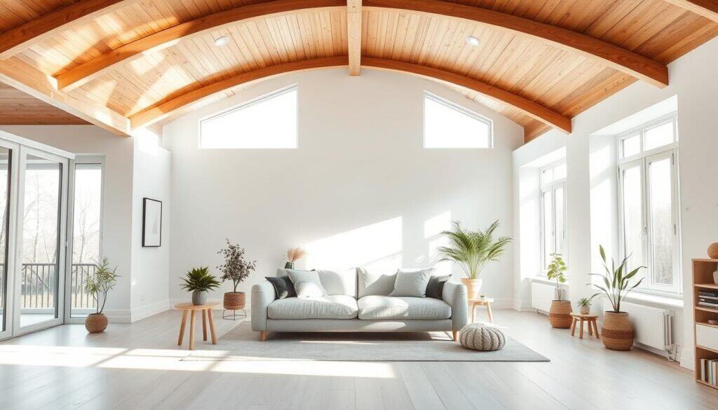 wood beam applications in Scandinavian living room