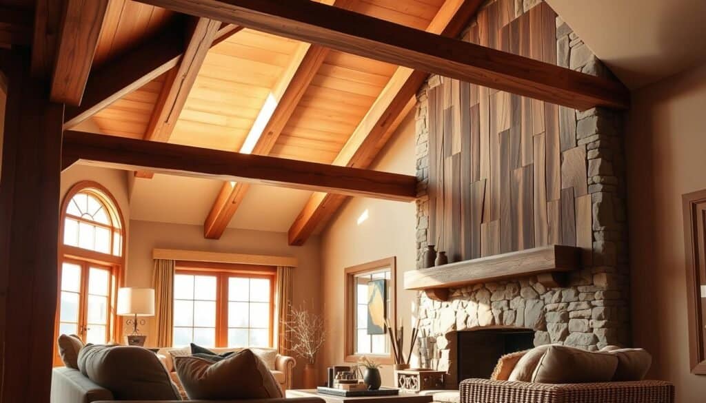 wood beam features in living room design