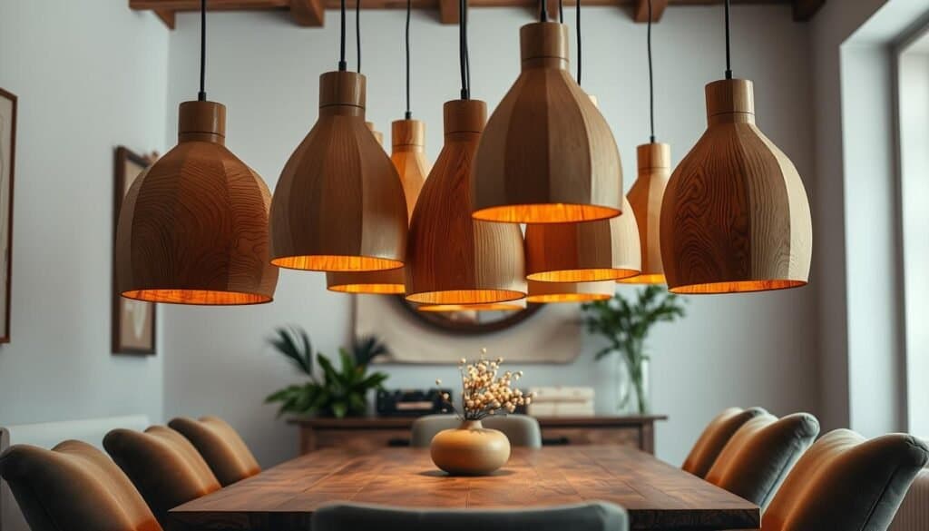 wood lamps in dining spaces