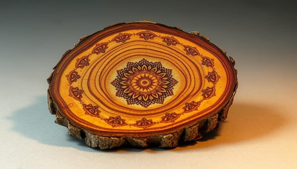 wood slice art with pyrography and paint