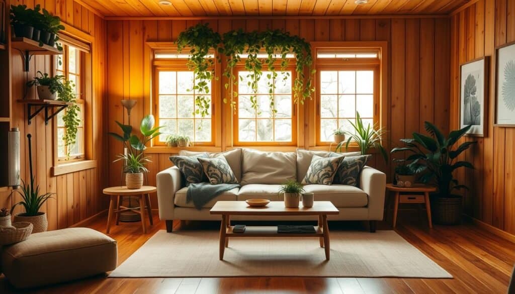 wood-toned living room with plants