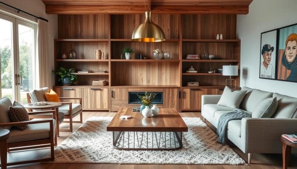 wood with metal glass and textiles living room design