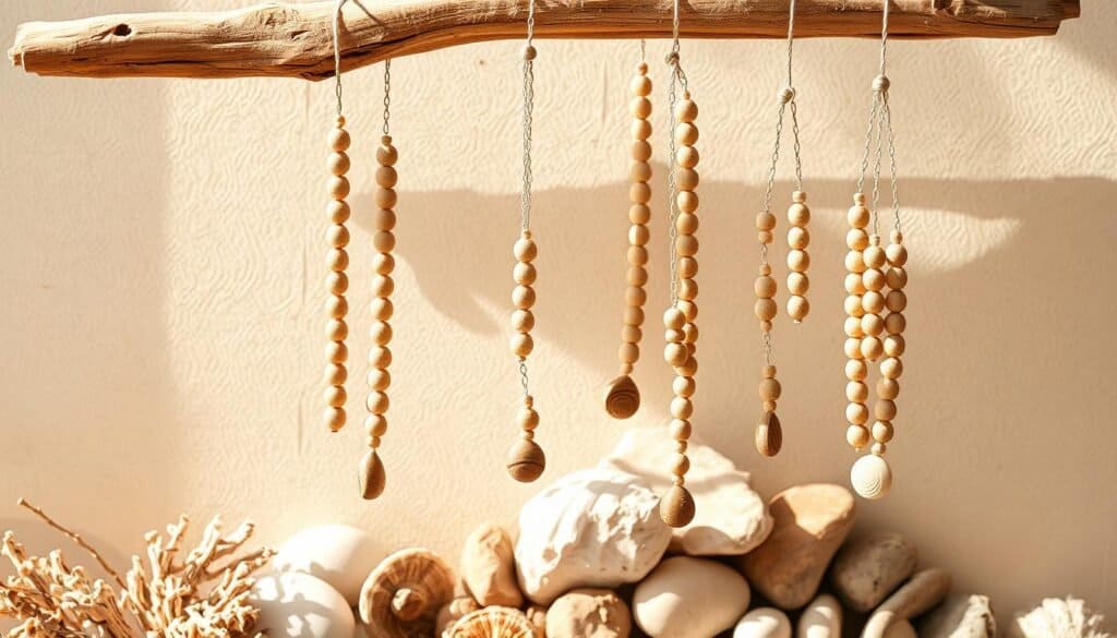 wooden bead mobiles with driftwood and shells